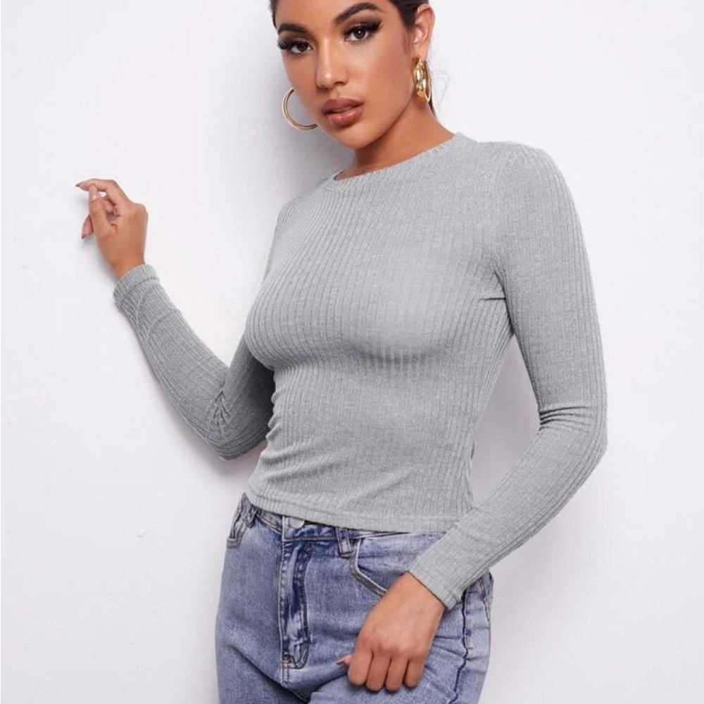 Gray Ribbed Long Sleeve Top - Picture 2 of 7